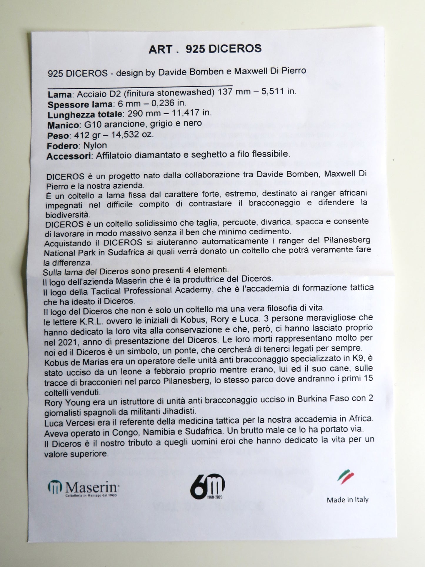 Coltello a lama fissa Diceros - by Coltellerie Maserin